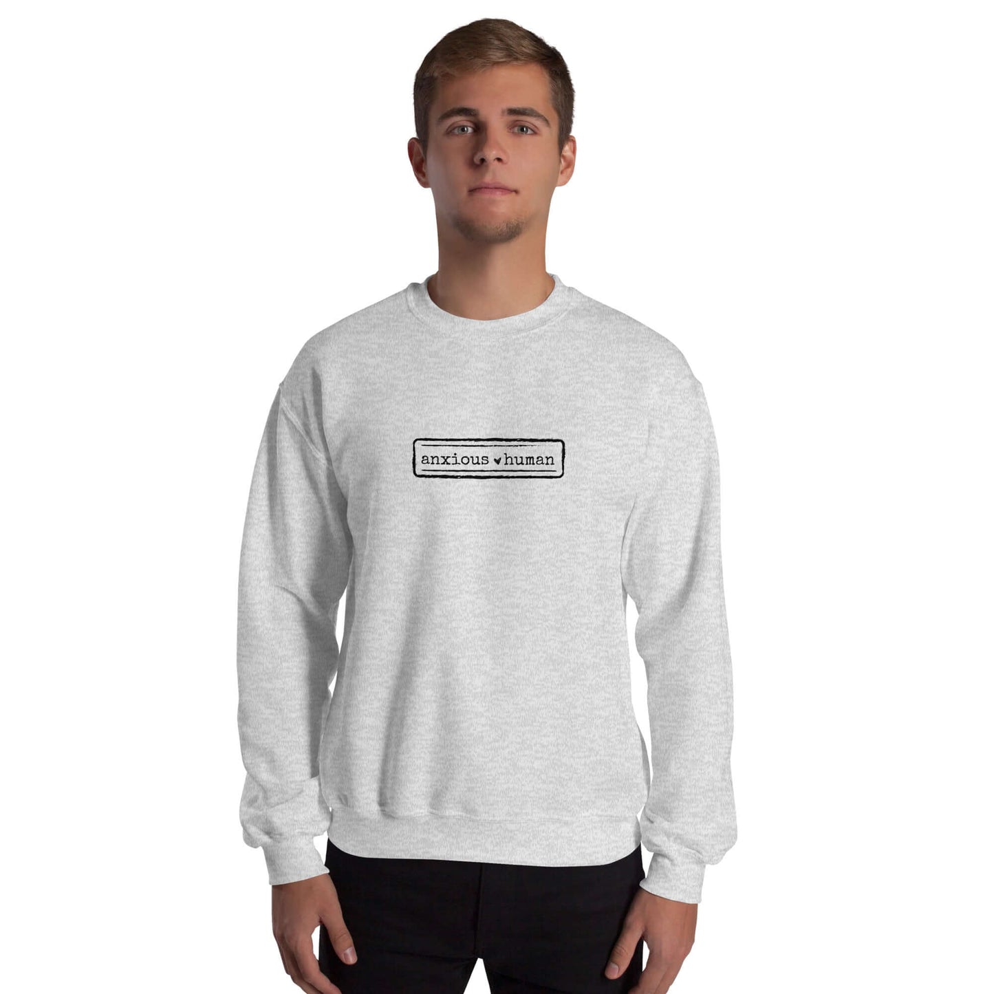 Male Model wearing ash grey unisex crewneck in sand beige, promoting mental health awareness and self-expression, perfect for gifting.
