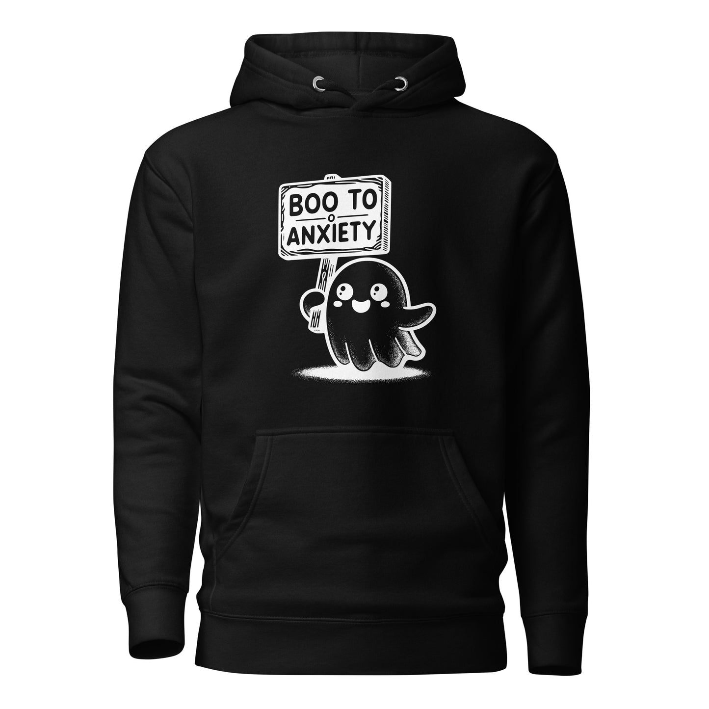 Cute ghost holding 'Boo to Anxiety' sign on a black unisex hoodie, promoting mental health awareness for Halloween.