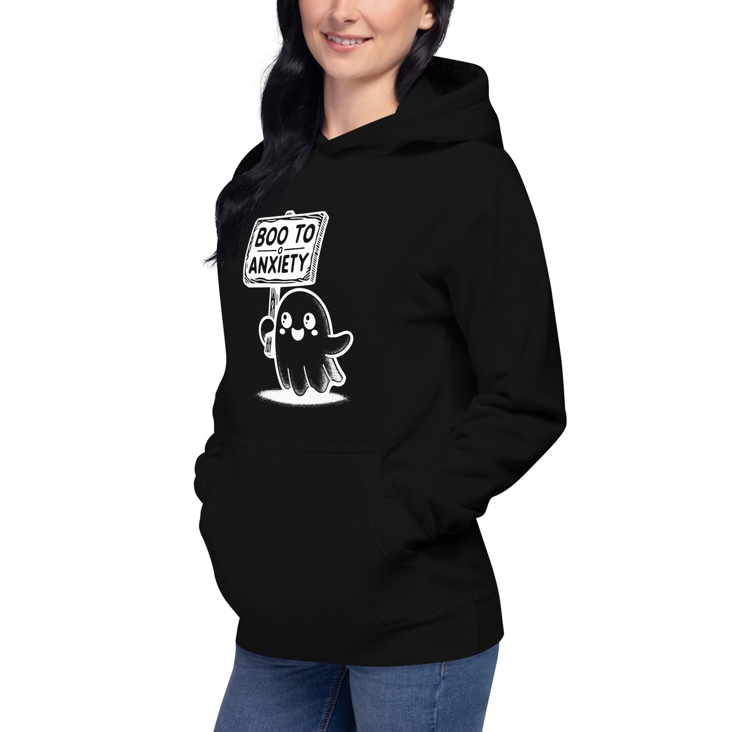 Boo to Anxiety unisex hoodie featuring a cute ghost design for mental health awareness, perfect for Halloween.