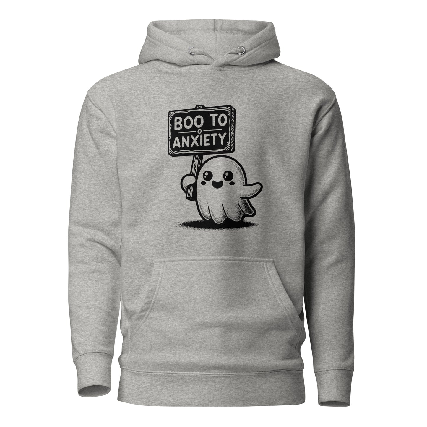 Boo to Anxiety unisex hoodie featuring a cute ghost holding a sign, perfect for Halloween and mental health awareness.