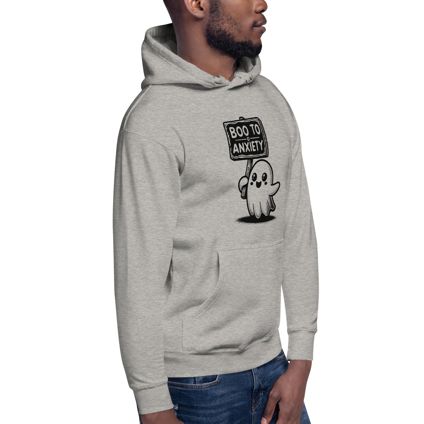 Unisex hoodie featuring cute ghost graphics with 'Boo to Anxiety' for Halloween mental health awareness.
