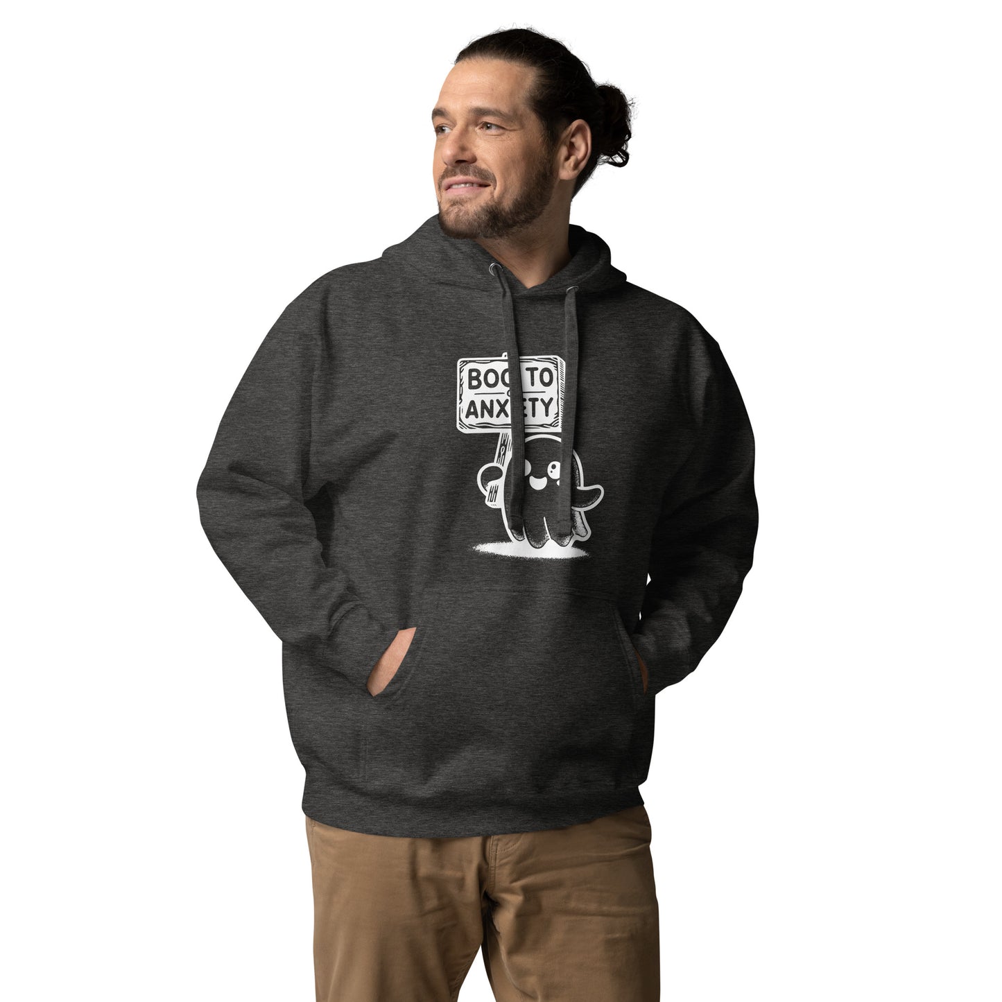 Unisex Boo to Anxiety hoodie with cute ghost design, promoting mental health awareness for Halloween.