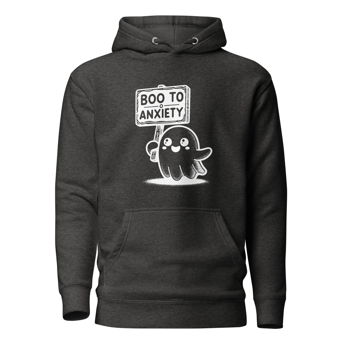 Boo to Anxiety unisex hoodie with cute ghost design, promoting mental health awareness and cozy comfort for Halloween.