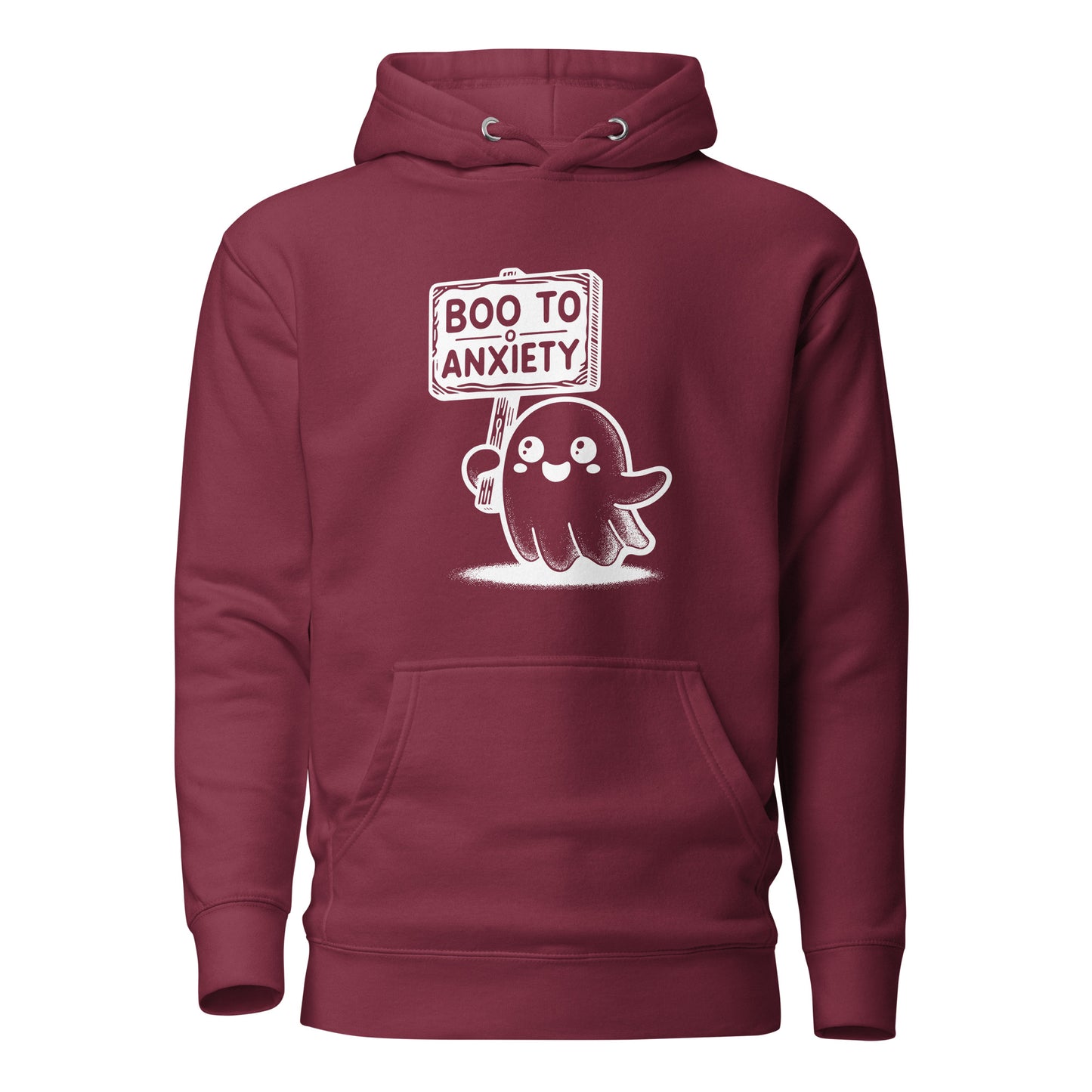 Boo to Anxiety unisex hoodie featuring a cute ghost design, perfect for Halloween and promoting mental health awareness.