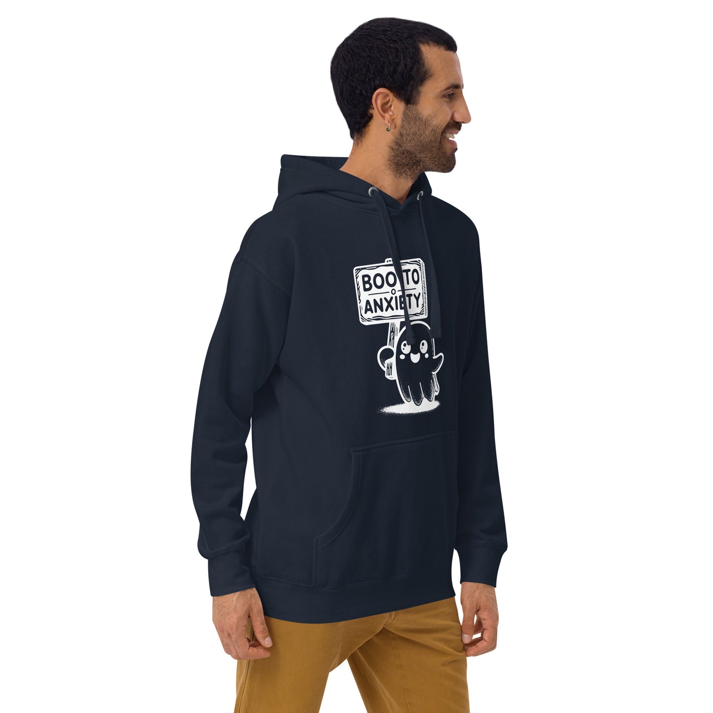 Boo to Anxiety Unisex Hoodie featuring a cute ghost design for Halloween, promoting mental health awareness and comfort.