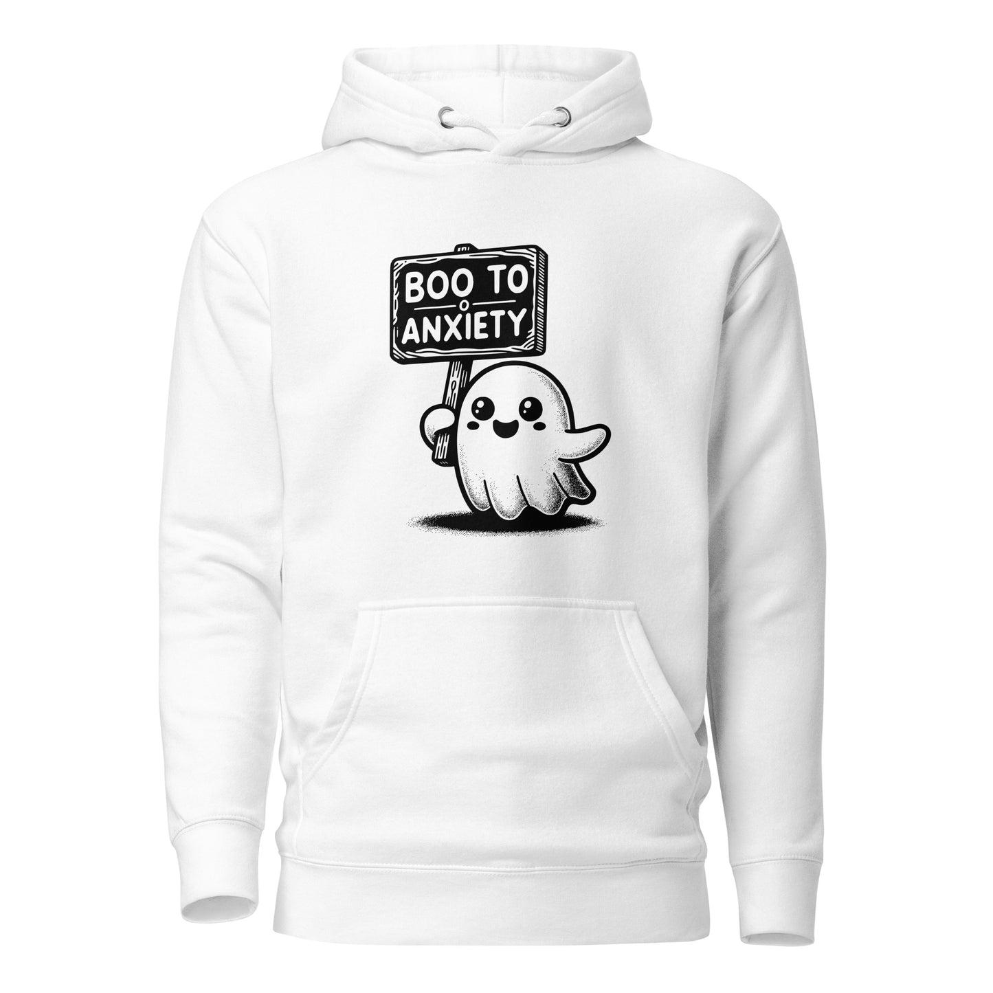 Boo to Anxiety unisex hoodie featuring a cute ghost design, perfect for Halloween and mental health awareness.