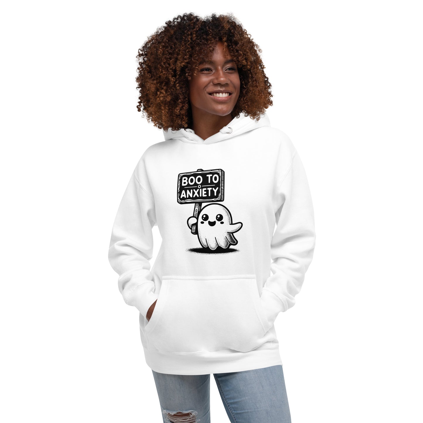 Unisex hoodie with cute ghost graphic and "Boo to Anxiety" slogan promoting mental health awareness for Halloween.