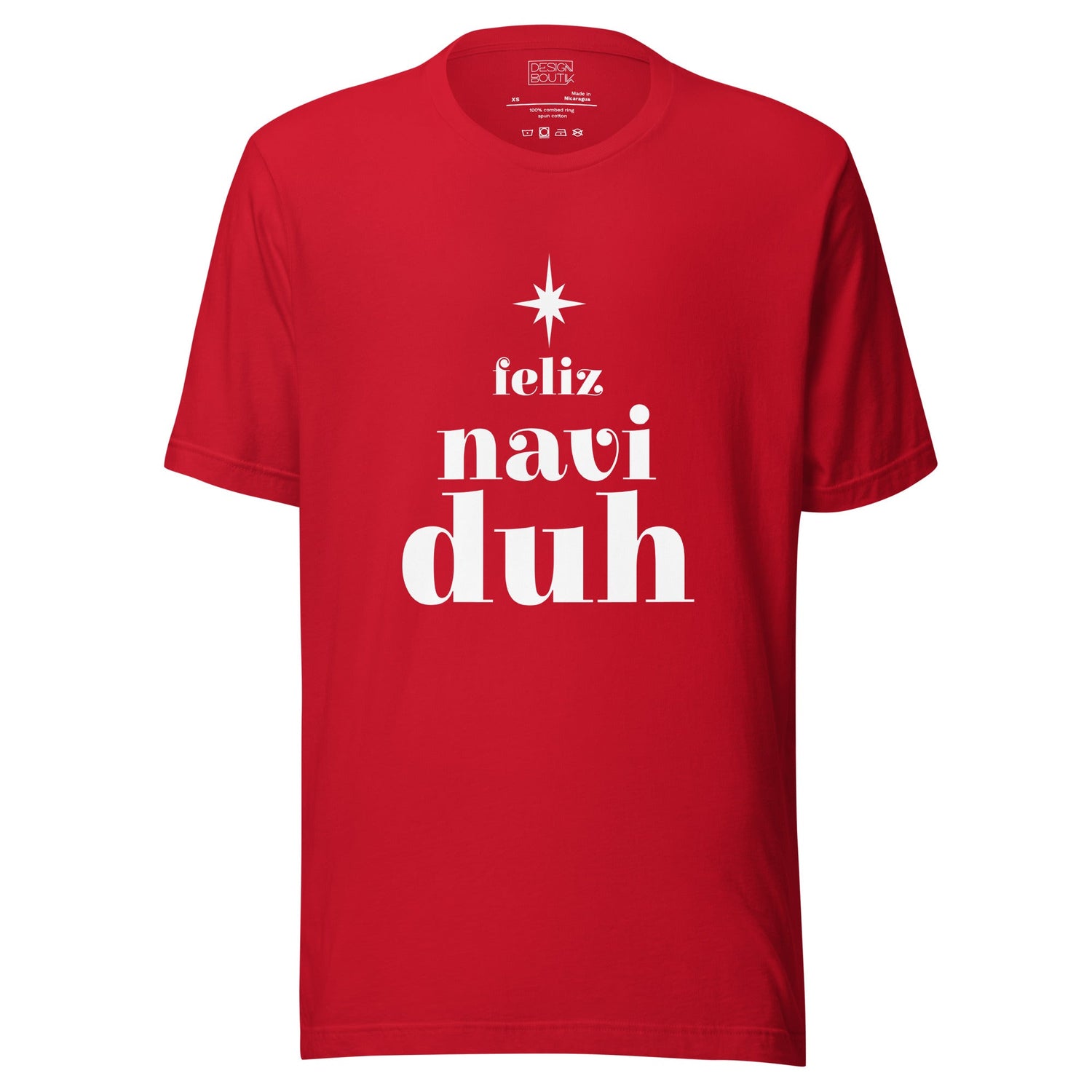 Funny sarcastic red christmas tee saying in white "Feliz naviduh"