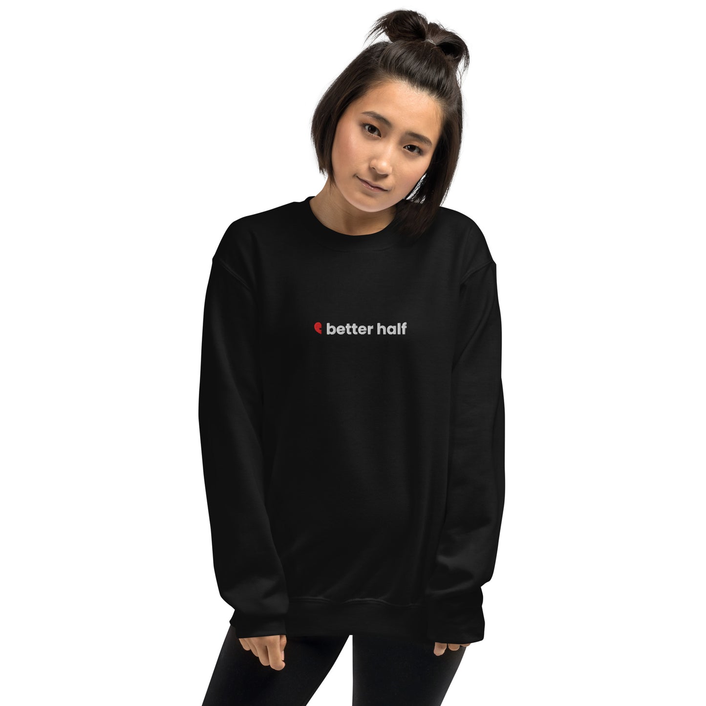 Black Better Half embroidered unisex crewneck sweatshirt, perfect for couples and self-love gifts, ideal for Valentine's Day.