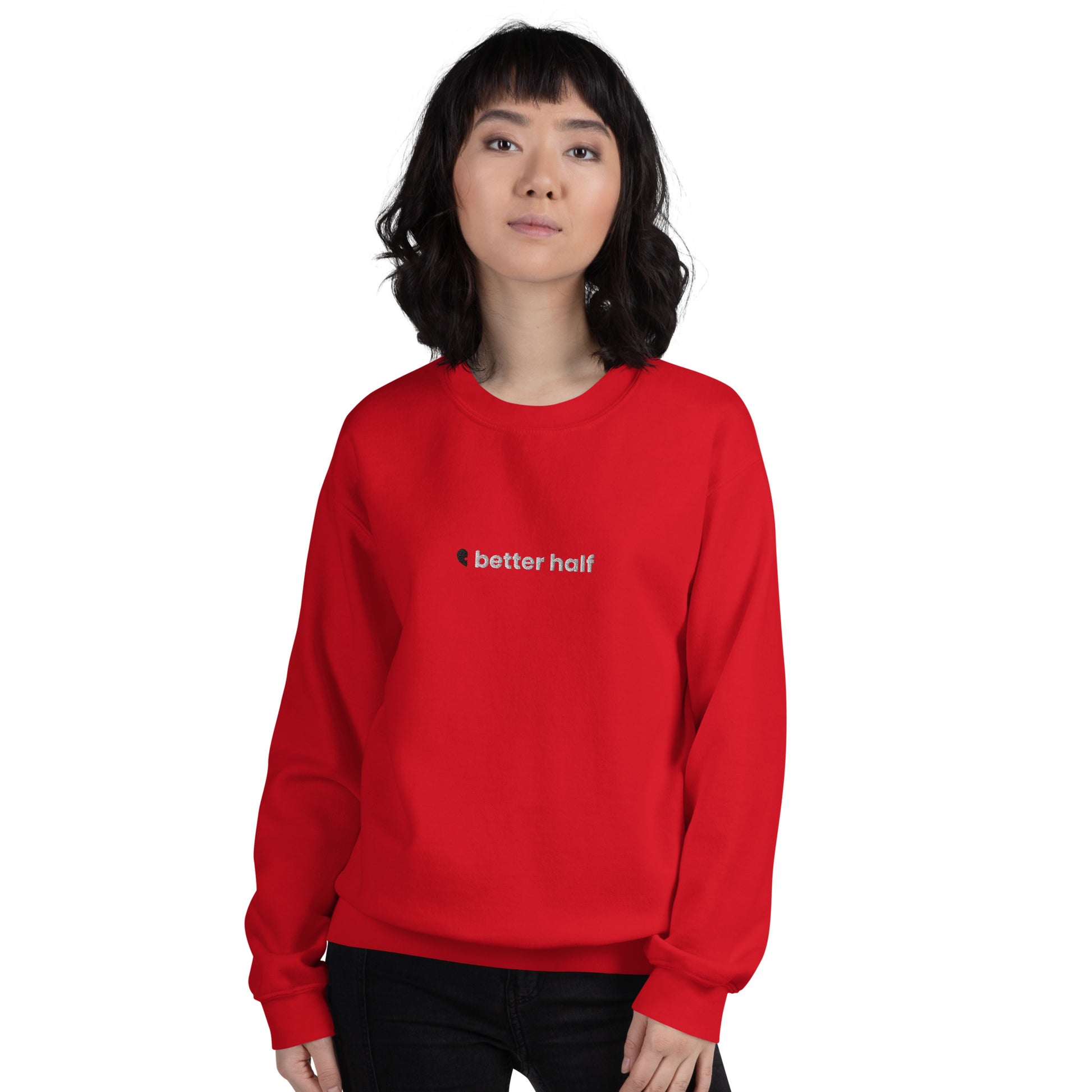 Red Better Half embroidered unisex crewneck sweatshirt, perfect for couples and self-love gifts, ideal for Valentine's Day.