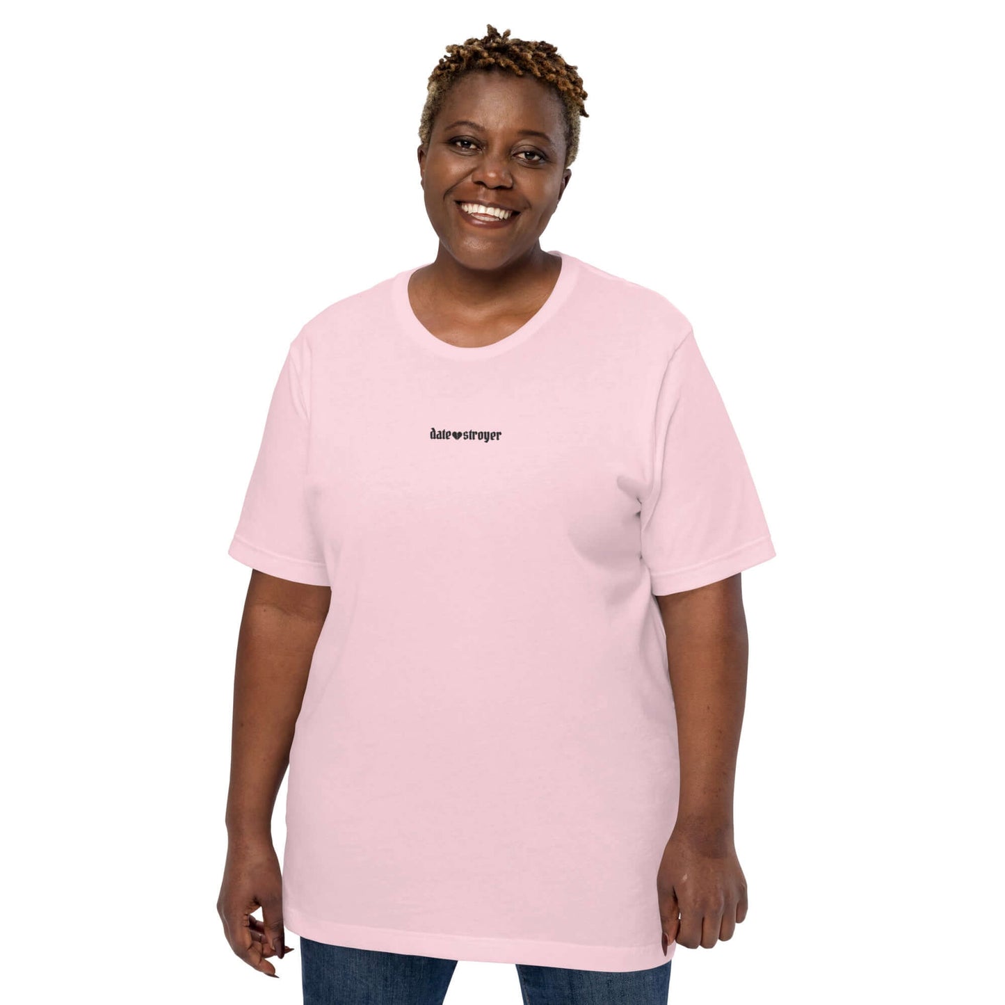 Male model wears the Date-Stroyer embroidered unisex t-shirt in pink—a comfy, stylish choice for those who prefer peace over dating drama.